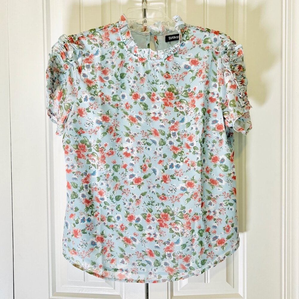 Allegra K Floral Short Sleeve Ruched Career Blouse in Blue/Pink (M) New with Tag